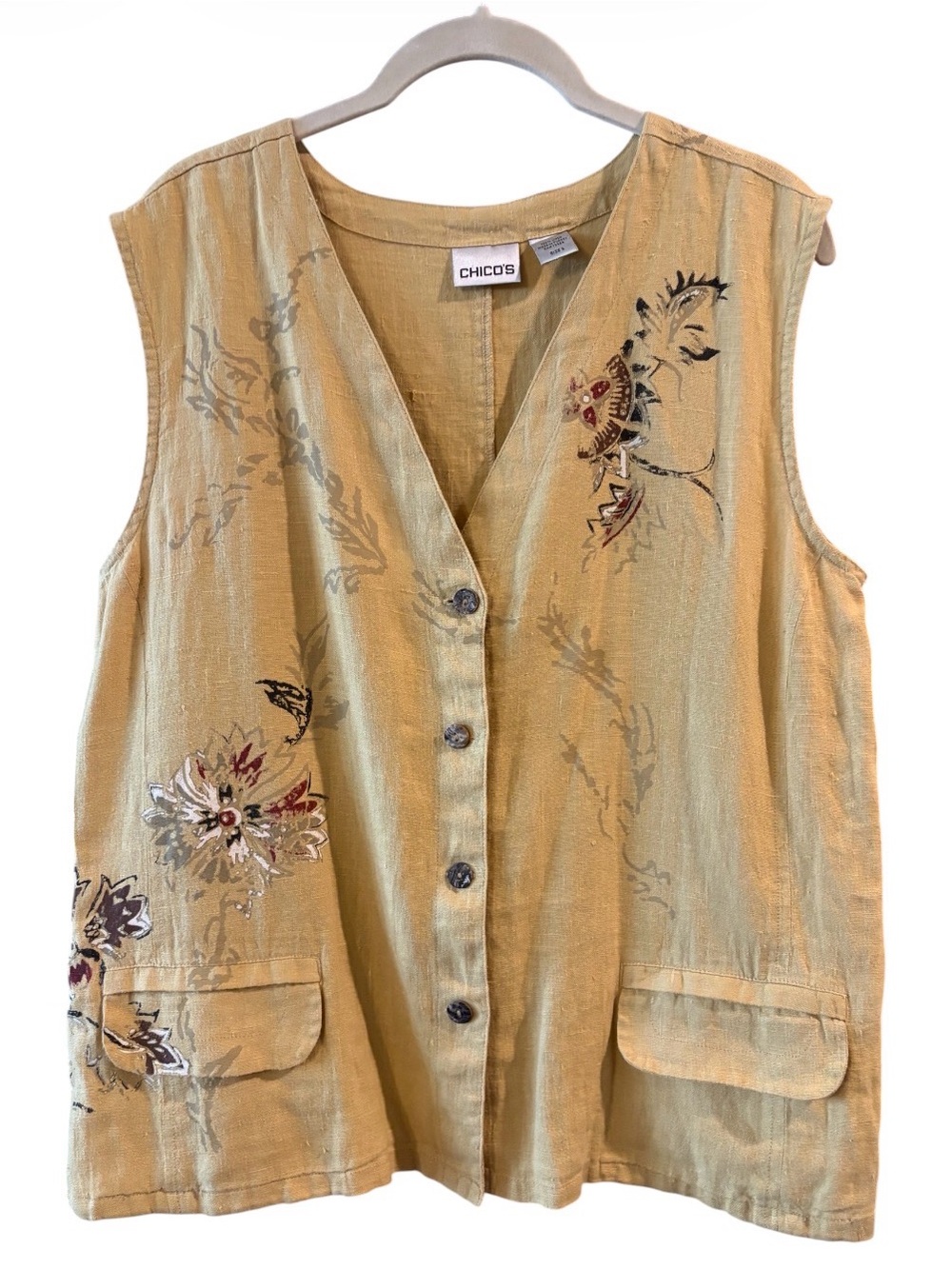 Chico’s Size 3/XXL Mustard Linen Floral Embroidered Button Vest